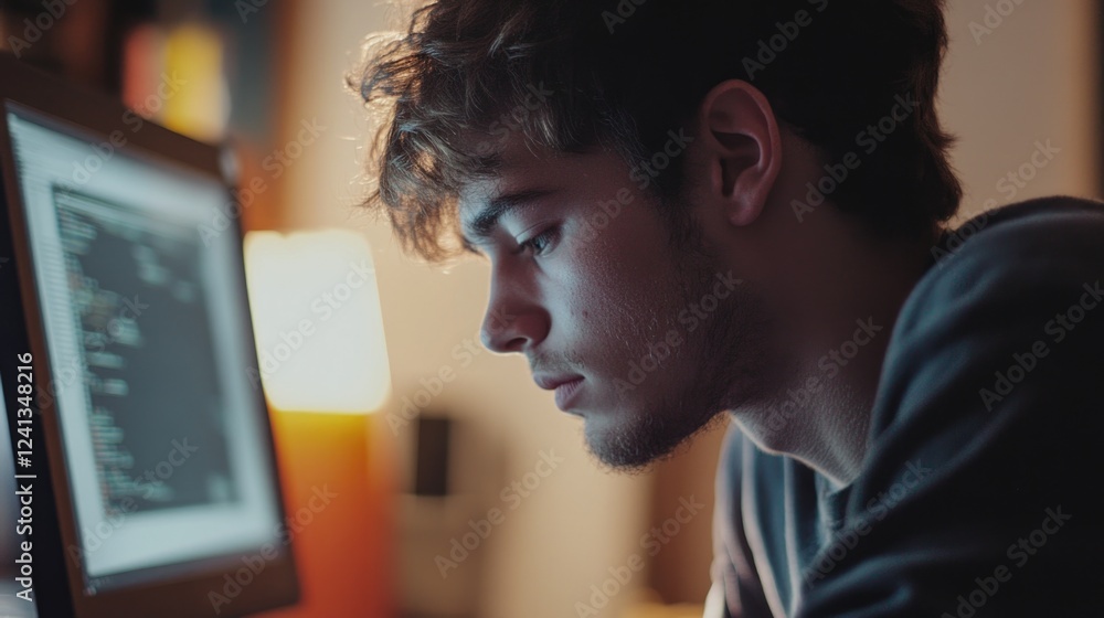 Poster focused young man with curly brown hair programming at home using a computer monitor illuminated by 