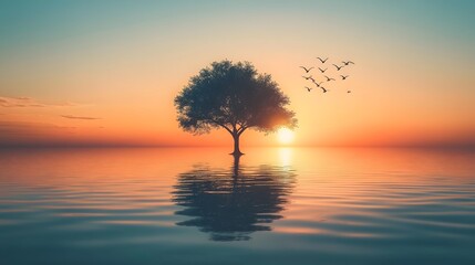 A tree in the middle of a body of water, birds flying above it, with a sunset in the background
