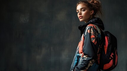 young caucasian female fashion model featuring colorful puffer jacket and black backpack posed against dark grey textured background
