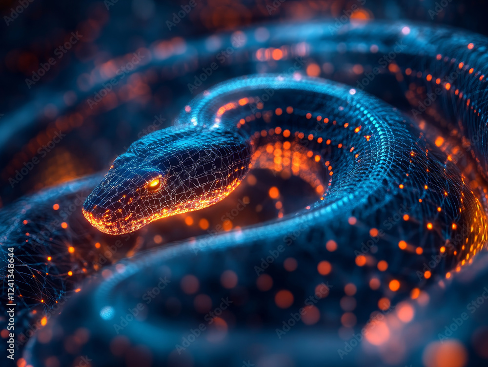 Poster abstract digital snake coiling into glowing data stream