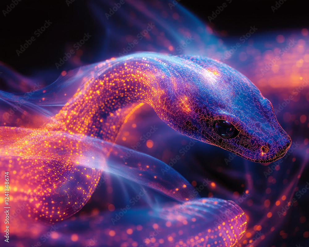 Poster abstract digital snake with flowing data streams and vibrant