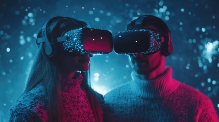 Caucasian brother and sister enjoying virtual reality experience at home with glowing light effects for National Siblings Day celebration in blue and pink tones