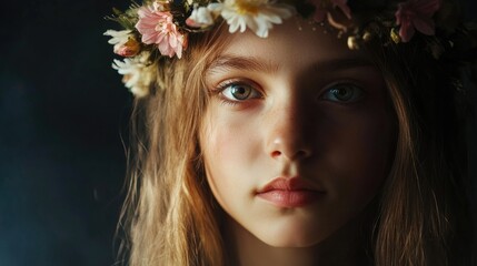 Naklejka premium Portrait of a young girl with long blonde hair wearing a floral garland against a deep black background highlighting her captivating green eyes and soft features.