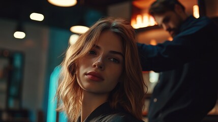 Fototapeta premium Professional male hairdresser styling young woman's hair in modern salon with warm lighting aesthetic and vibrant background colors.