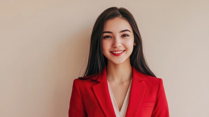 Obraz premium Smiling young woman in a vibrant red business suit against a light beige background showcasing confidence and professionalism