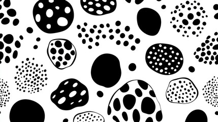 Abstract black and white pattern featuring various shapes and dots on a clean background