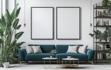 Two large, blank, black picture frames hang on the wall above an emerald blue sofa in a modern living room with bookshelves and potted plants. 3D rendering, high-resolution photography,