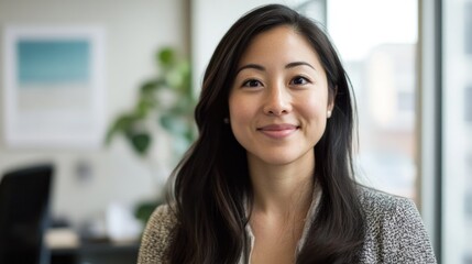 Cheerful Asian female business professional in modern office setting with indoor plants and bright natural light, smiling confidently at camera.