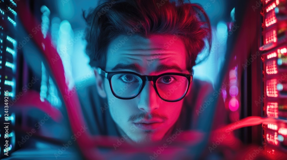 Poster young man with glasses focused on a network server in a vibrant blue and pink illuminated data cente