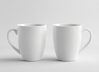 Two white coffee mugs mockup, one on the left and another mug on the right side of the picture, isolated on a background, stock photo.