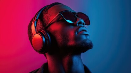 Naklejka premium Young adult man enjoying music with headphones and sunglasses against a vibrant gradient background of red and blue colors.