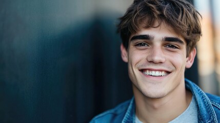 Obraz premium Cheerful 20-year-old man with tousled brown hair smiling brightly at camera against a textured dark wall, showcasing vibrant personality and joy.
