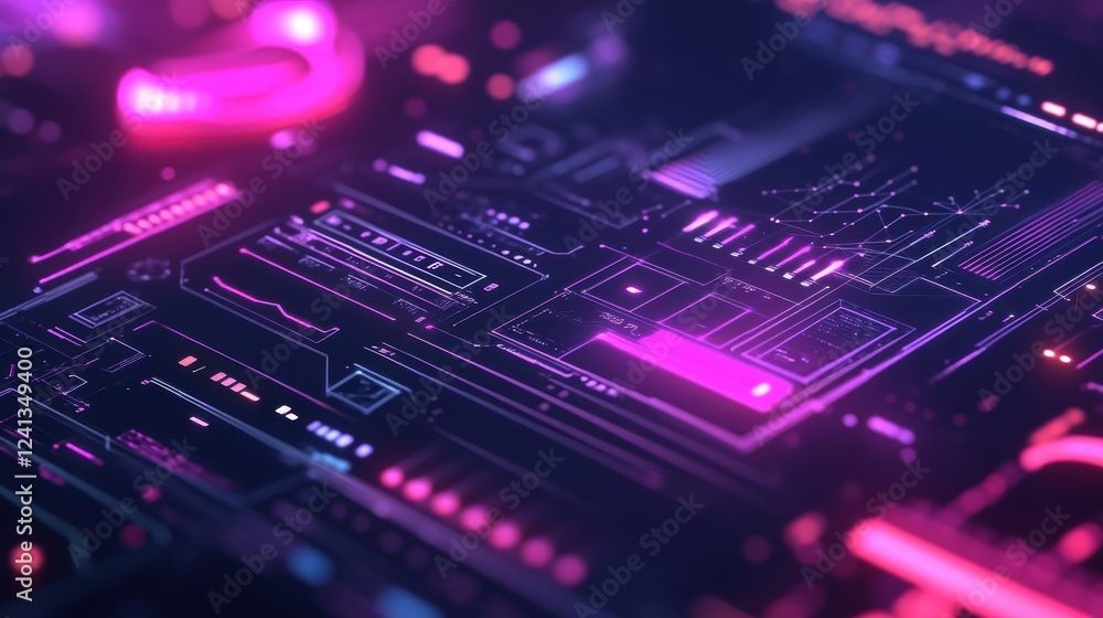 Poster visualizing complex technological processes through glowing lines and dynamic charts, embodying inno