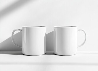 Two white coffee mugs mockup, one on the left and another mug on the right side of the picture, isolated on a background, stock photo.