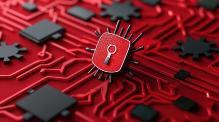 Red Circuit Board with Microchip and Lock Symbol for Security Concept