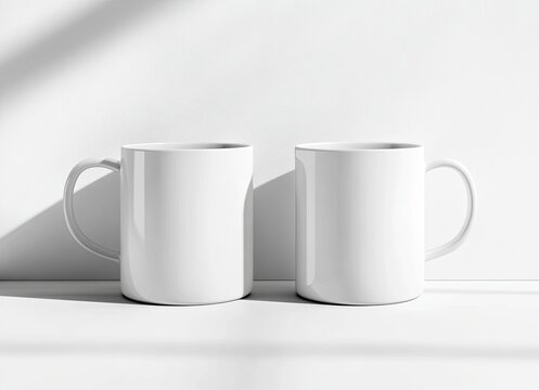 Two white coffee mugs mockup, one on the left and another mug on the right side of the picture, isolated on a background, stock photo.