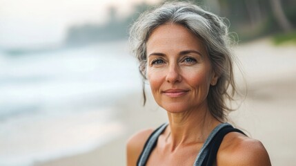 Sporty fit middle-aged woman practicing yoga on a serene tropical beach with soft waves, emphasizing health, wellness, and outdoor exercise.