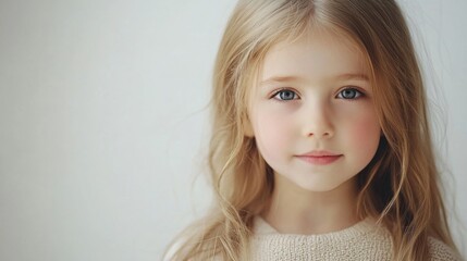 Cute young girl with long blonde hair wearing cream sweater, posing softly against a light neutral background, showcasing innocence and beauty.