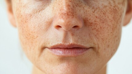 Close-up of middle-aged Caucasian womanâ€™s face showcasing freckles and age spots against a light background, highlighting skin texture and aging.
