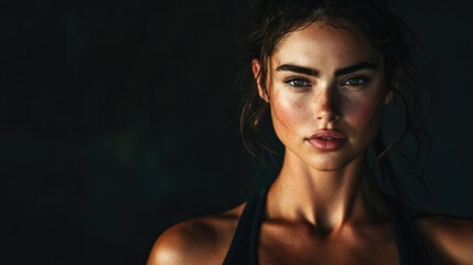 Fitness model with radiant skin and expressive features on a dark textured background showcasing confidence and strength.