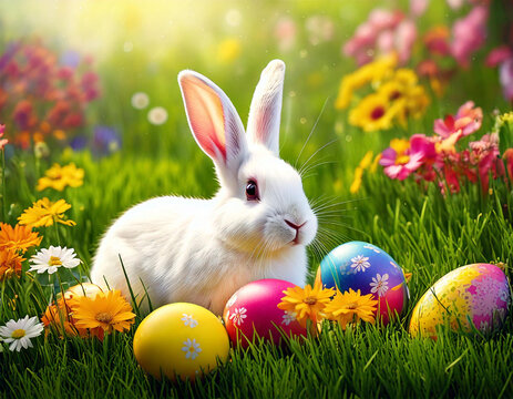 cute 3d white easter bunny rabbit playing with easter eggs on the grass in the garden full of flowers spring season