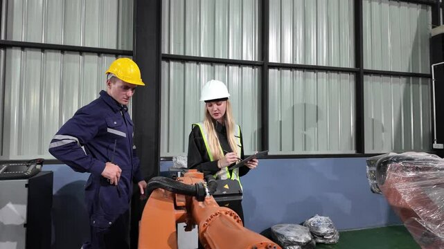 Industrial Collaboration: Two engineers, one in a yellow hard hat and blue jumpsuit, the other in a white hard hat and high-visibility vest, consult a tablet in a modern factory setting.