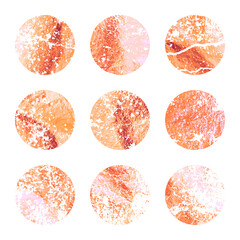 Grunge rose gold foil, shiny handmade circles. Golden glittering texture, pattern. Luxury shining hand drawn background. Wedding, greeting card decoration elements. Modern art. Vector illustration