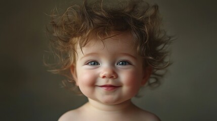 Naklejka premium Smiling toddler boy with curly wild hair and bright blue eyes, portrait on neutral background, showcasing joyful expression and innocence.