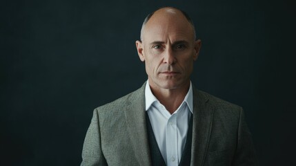 Middle-aged businessman in a tailored grey suit with a white shirt, confidently posing against a dark studio background, exuding professionalism and authority.