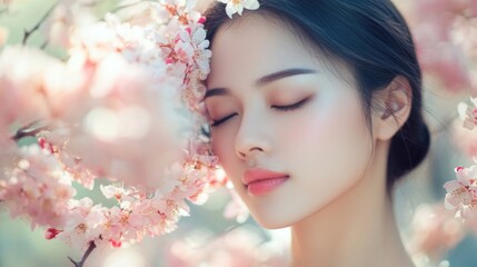 Fototapeta premium Young Asian Woman with Brown Hair and Delicate Features Posing Amid Soft Pink Cherry Blossom Petals in a Serene Outdoor Setting