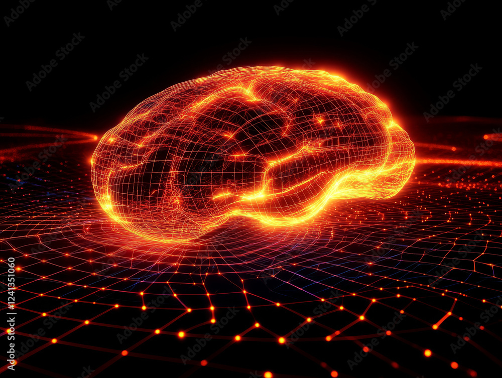 Poster glowing brain in virtual grid like environment