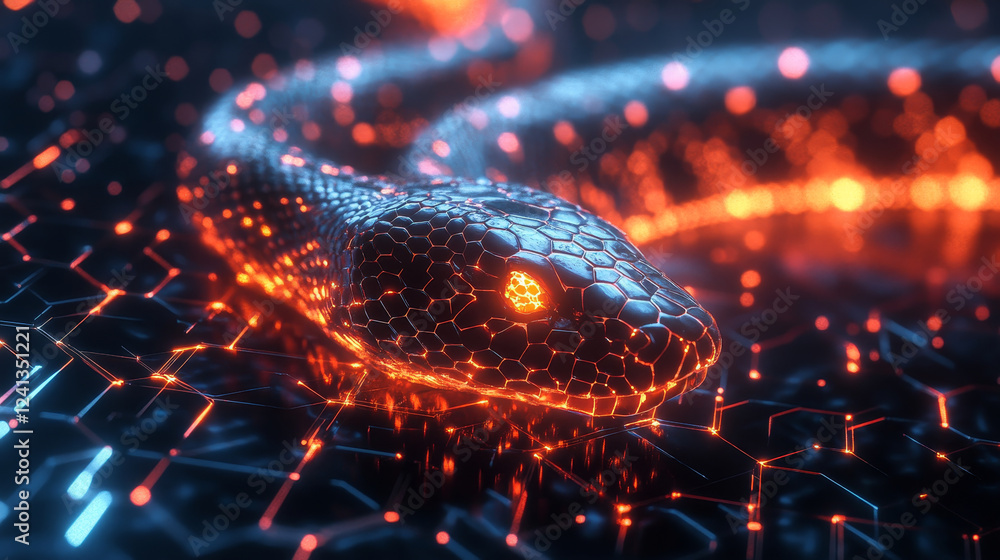 Poster glowing hexagonal scales on cyber snake in motion