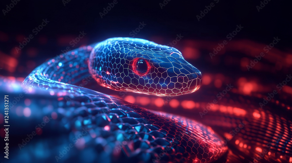 Poster glowing snake with hexagonal scales in vibrant colors