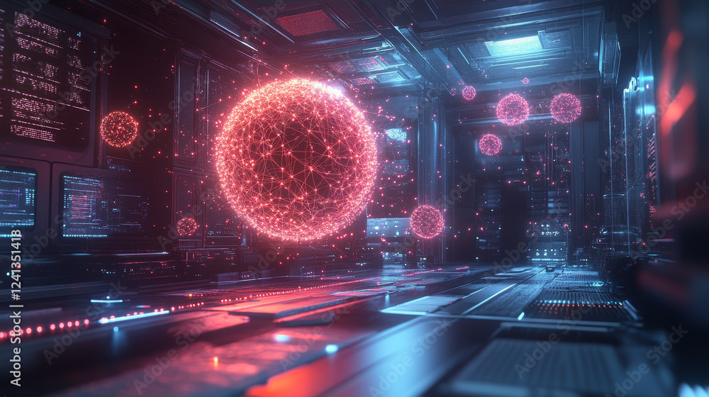 Poster futuristic biolab with glowing neuron network and digital elements
