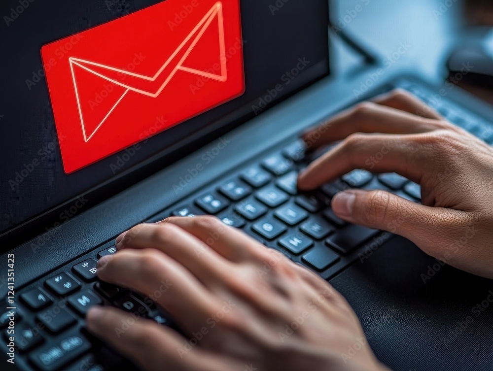 Aufkleber modern workspace with email interface and typing hands in focus