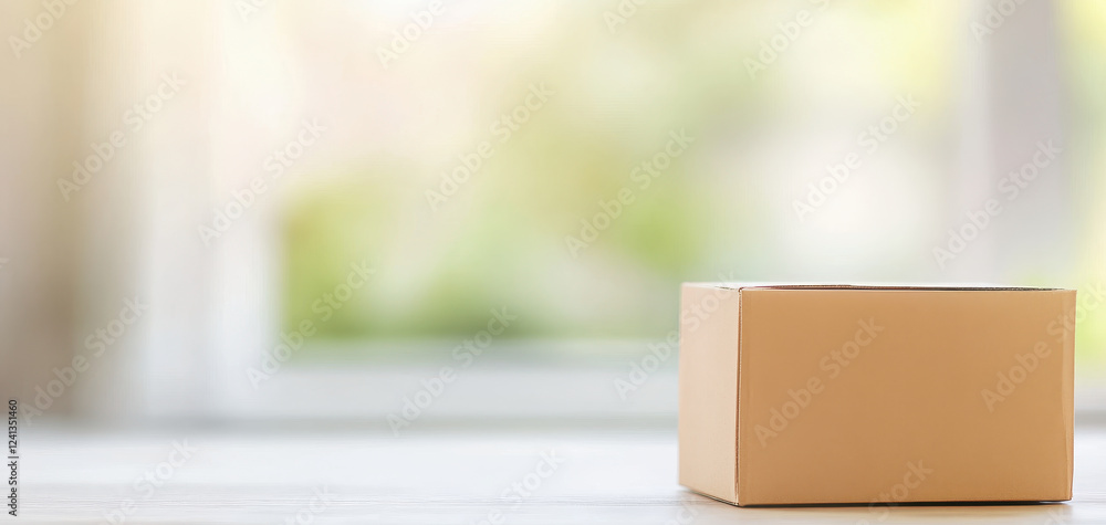 Poster simple cardboard box sits on table, illuminated by soft sunlight streaming through nearby window, cr