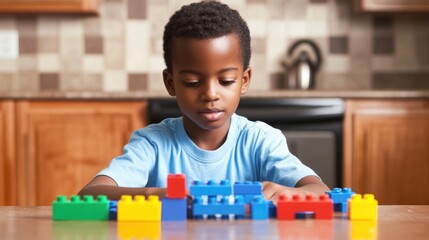 African American boy focused on building colorful construction blocks at a wooden table in a bright...