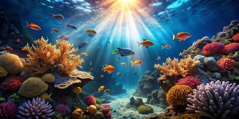Vibrant Underwater Scene with Colorful Fish and Coral Reef