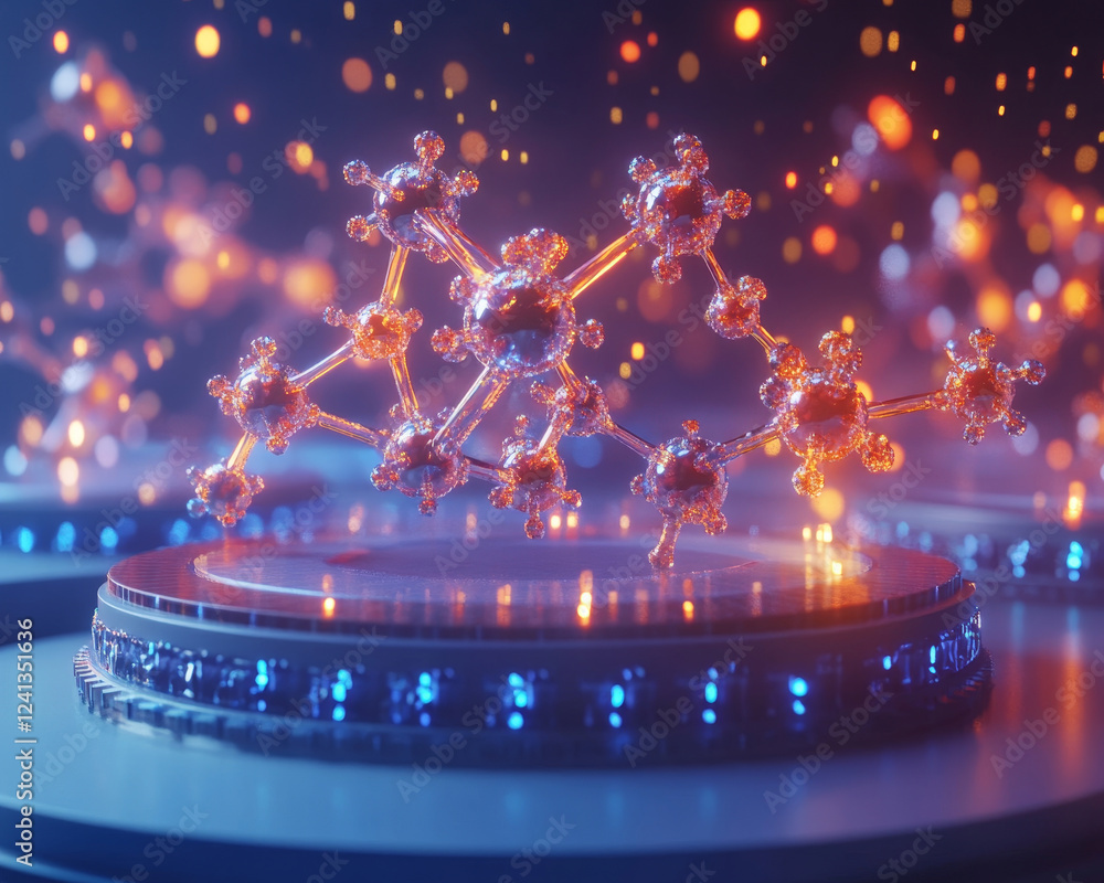 Poster molecules floating in biolab setting with glowing effects