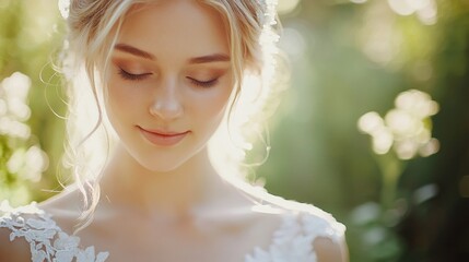 Fototapeta premium Blond bride with soft makeup and elegant white wedding dress, illuminated by sunlight in a lush green outdoor setting, capturing a serene moment.
