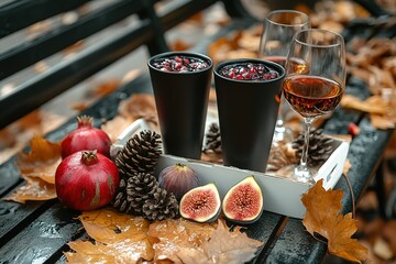Autumnal drinks and fruits on a park bench Pomegranate juice wine figs and pomegranates surround pinecones and fall leaves
