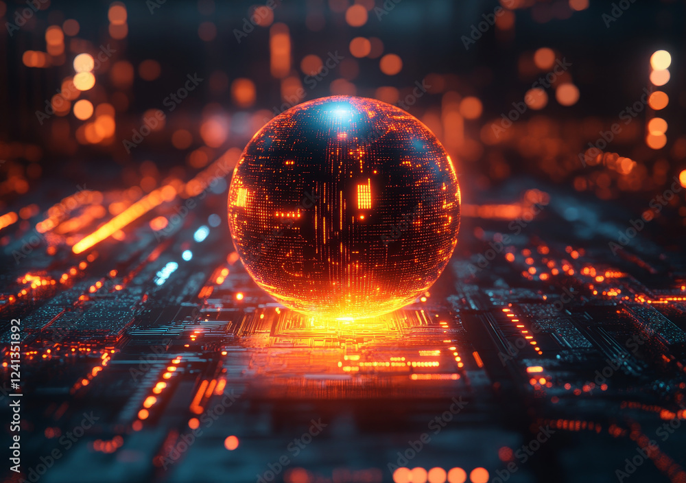 Poster glowing cyber globe with digital pathways in futuristic setting