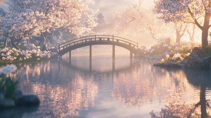Fototapeta premium Tranquil cherry blossom pond scene with Japanese bridge at sunset