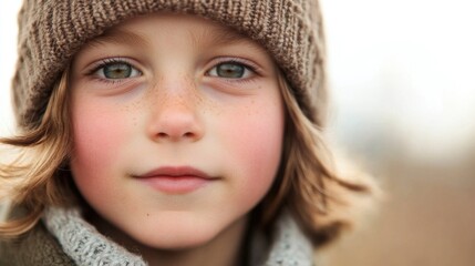 Close-up portrait of a young boy with freckles wearing a brown beanie and gray scarf, set against a soft outdoor backdrop with natural lighting.