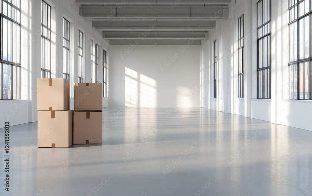 Poster empty room with large windows and stacked cardboard boxes, ideal for moving or storage. bright space