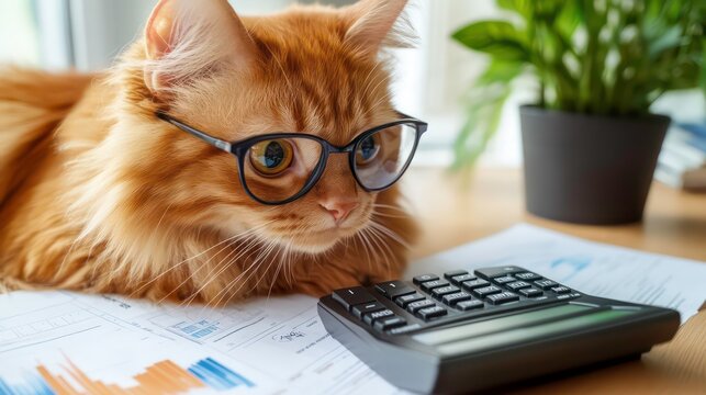 Ginger cat wearing glasses examines financial documents and calculator. - Powered by Adobe