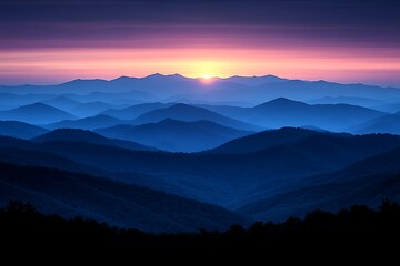 Majestic Sunrise Over Layered Blue Mountains