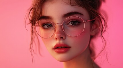Fototapeta premium Portrait of a young woman with soft features wearing trendy round glasses on a vibrant pink background, showcasing youthful beauty and charm.