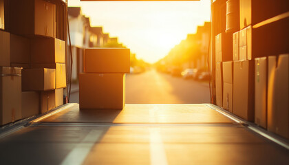 Moving truck with open doors revealing stacked boxes in sunny neighborhood, creating warm and inviting atmosphere. Perfect for conveying sense of transition and new beginnings
