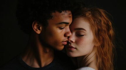 Intimate young couple embracing with closed eyes against a dark black background showcasing deep skin tones and vibrant red hair.